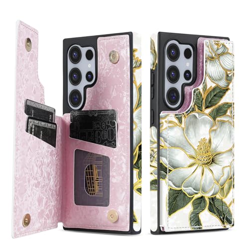 NNH Compatible with Samsung Galaxy S23 Ultra Wallet Case with RFID Blocking Card Slots Flip PU Leather Kickstand Double Magnetic Clasp Design Cover for Galaxy S23 Ultra(6.8 inch-Magnolia Flowers) - color: Magnolia Flowers, size: Galaxy S23 Ultra 6.8 inch
