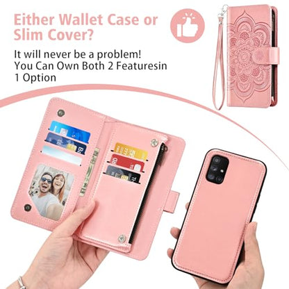 Asuwish Phone Case for Samsung Galaxy A71 5G Zipper Wallet Magnetic Detachable Cell Cover with Tempered Glass Screen Protector Crossbody Strap Flower Card Holder A 71 G5 71A S71 Women Girls Rose Gold - color: Rose Gold