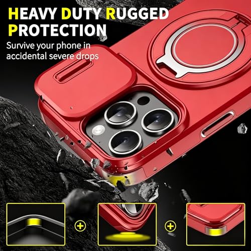 Rugged Shockproof Case for iPhone 17 Pro Max, Heavy Duty Protective Phone Case with Slide Camera Cover, 360° Rotatable Ring Stand & Magnetic Car Mount Compatible (Red,iPhone 17 Pro Max) - color: Red