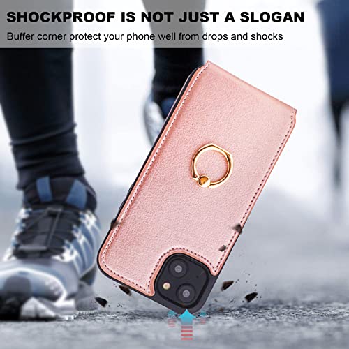 Folosu Compatible with iPhone 14 Plus Case Wallet with Card Holder, 360°Rotation Finger Ring Holder Kickstand, RFID Blocking Leather Protective Double Buttons Shockproof Cover 6.7 Inch Rose Gold - color: Rose Gold, size: iPhone 14 Plus