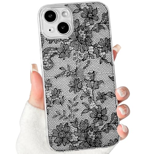 Lovmooful Compatible for iPhone 13 Case Floral Leaf-Black | Aesthetic Flower with Romantic Lace Design,for Girls Women Girly,Soft TPU Case,Shockproof Protective - color: Black, size: iPhone 13