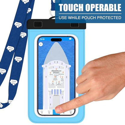 Cruise On Lanyards Waterproof Phone Pouch Dry Case w/Touch Screen for iPhone 15 14 13 12 11 Pro Max XS, Samsung S22+, Pixel 7, Fits Up to 6.5” Screen, Large Floating Holder (2-Pack) Blue