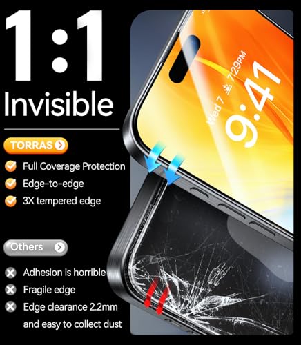 TORRAS Diamond Shield for iPhone 15 Pro Screen Protector [Military-Grade Protection] 9H+ Unbreakable Shatterproof Aerospace Tempered Glass Full Coverage InstaFit Bubble-Free, 2-Pack - size: iPhone 15 Pro（6.1 inch）