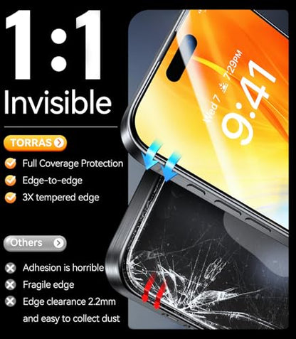 TORRAS Diamond Shield for iPhone 15 Pro Screen Protector [Military-Grade Protection] 9H+ Unbreakable Shatterproof Aerospace Tempered Glass Full Coverage InstaFit Bubble-Free, 2-Pack - size: iPhone 15 Pro（6.1 inch）