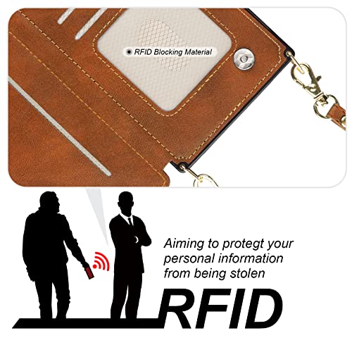 Bocasal Crossbody Wallet Case with Strap for iPhone 13/14, Brown | RFID Blocking Card Slot Holder, Magnetic Flip Folio Purse Case, PU Leather Zipper Handbag Detachable Lanyard Strap 6.1 Inch - color: Brown