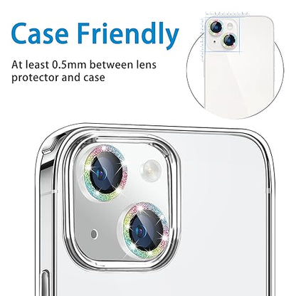 Compatible with iPhone 14 & 14 Plus Camera Lens Protector, Bling Glitter Diamond Lens Cover 9H Tempered Glass Camera Cover Anti Scratch Shockproof Screen Protector Individual Lens Ring - 2PCS - color: Colorful Glitter