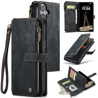 Compatible with iPhone 17 Wallet Case with Card Holder Kickstand Magnetic Zipper Pocket Lanyard Strap Wristlet,Leather Flip Case Wallet for iPhone 17 6.3 Inch (Black) - color: Black, size: iPhone 17 6.3 Inch