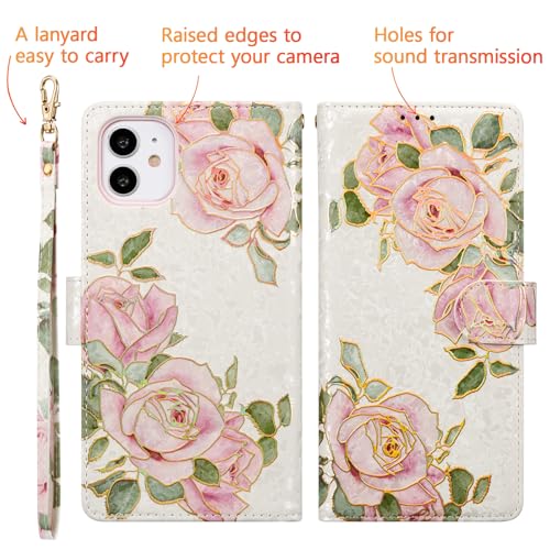 UEEBAI Wallet Case for iPhone 12/iPhone 12 Pro 6.1 inch, PU Leather Wallet Kickstand RFID Blocking Flip Case Card Slots Wrist Strap Relief Engraved Pattern Magnetic Closure Folio Cover, White Rose - color: White Rose, size: iPhone 12/iPhone 12 Pro 6.1 inc