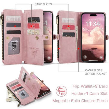 Defencase for iPhone 17 Wallet Case with RFID Blocking Card Holder, Pink | Durable Soft PU Leather, with Zipper Pocket, Wrist Strap, Fashion Snap Flip Phone Cases Cover with Stand for Women and Men - color: Rose Pink