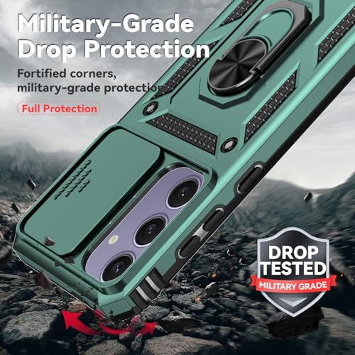 for Samsung Galaxy S24 FE Case with Camera Lens Cover HD Screen Protector, Dual Layer Military-Grade Drop Tested Magnetic Ring Holder Kickstand Protective Phone Case for Galaxy S24 FE (Dark Green) - color: Dark Green w/ camera cover Military-Grade 2nd gen