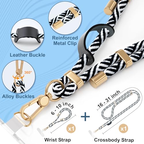 4-IN-1 Phone Lanyard Crossbody & Wrist Strap Kit with 2 Pack Tabs - color: Black White