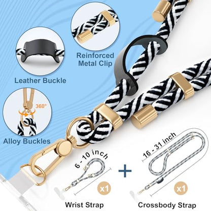 4-IN-1 Phone Lanyard Crossbody & Wrist Strap Kit with 2 Pack Tabs - color: Black White