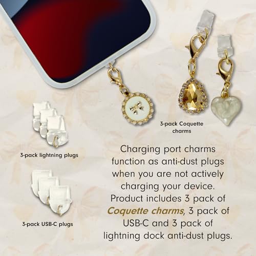 Sonix Dust Plugs - USB C + Lightning Compatible - Charging Port Charms (3 Pack) - Coquette - Heart, Teardrop Jewel, Enamel Bow - color: Coquette
