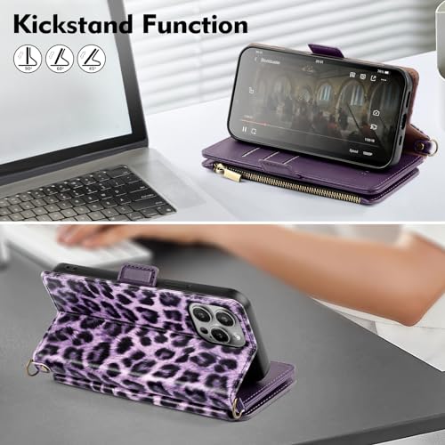 Antsturdy Crossbody Phone Wallet Case for iPhone 15 Pro Max,Leopard-Purple | RFID Blocking,PU Leather Flip Cover,Kickstand,with Credit Card Holder,Wrist Strap Lanyard & Handbag Purse,for Women & Men - color: (Crossbody) - Leopard-Purple