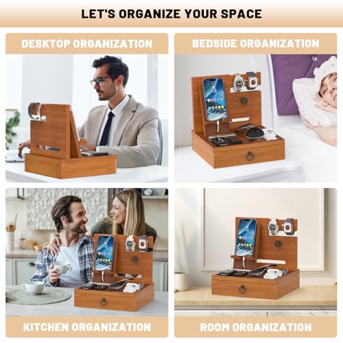 Wood Phone Docking Station, Nightstand Organizer with Drawer - color: Stylish Brown, size: Without charging station