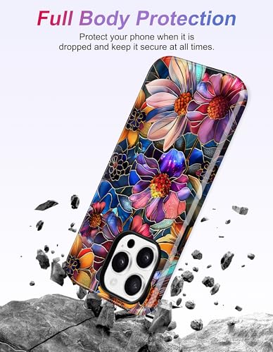 Jusy Magnetic Stained Glass Floral Case for iPhone 15 Pro, Purple | Compatible with MagSafe, Cute Aesthetic Flower Design, TPU and PC Protective Phone Cover - color: Purple