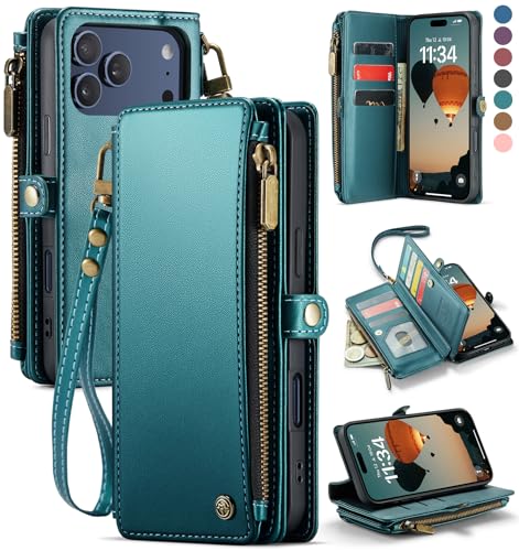 Defencase for iPhone 17 Pro Max Wallet Case with RFID Card Holder, Green | Durable Soft PU Leather, with Zipper Pocket, Wrist Strap, Fashion Snap Flip Phone Cases Cover with Stand for Women and Men - color: Blue Green