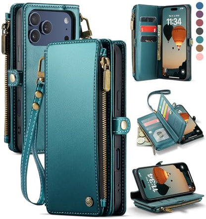Defencase for iPhone 17 Pro Max Wallet Case with RFID Card Holder, Green | Durable Soft PU Leather, with Zipper Pocket, Wrist Strap, Fashion Snap Flip Phone Cases Cover with Stand for Women and Men - color: Blue Green