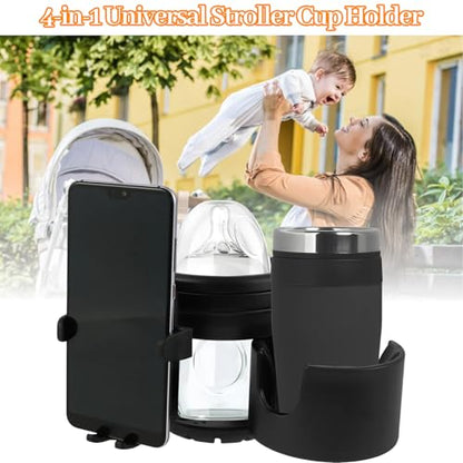 4-in-1 Universal Stroller Cup Holder with 360° Phone Mount - Adjustable Drink & Phone Holder for Strollers, Wheelchairs, Bikes, and Scooters 【Black】