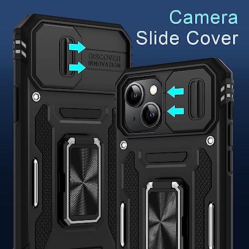 DEERLAMN Case for iPhone 13/iPhone 14 6.1-Inch with Slide Camera Cover+Screen Protector(2 Packs),Rotated Ring Kickstand Military Grade Shockproof Protective Cover-Black - color: Black