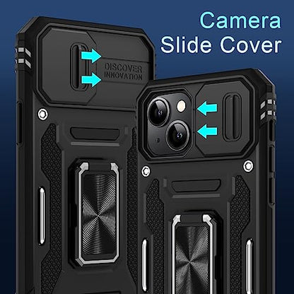 DEERLAMN Case for iPhone 13/iPhone 14 6.1-Inch with Slide Camera Cover+Screen Protector(2 Packs),Rotated Ring Kickstand Military Grade Shockproof Protective Cover-Black - color: Black