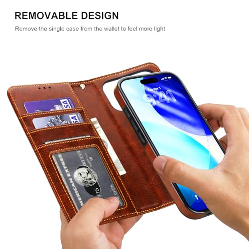 Bocasal Detachable Wallet Case Card Holder for iPhone 17 Pro, Brown | RFID Blocking Kickstand Card Slots Holder PU Leather Magnetic Shockproof Wrist Strap Removable Flip Protective Cover 6.3 inch - color: Brown