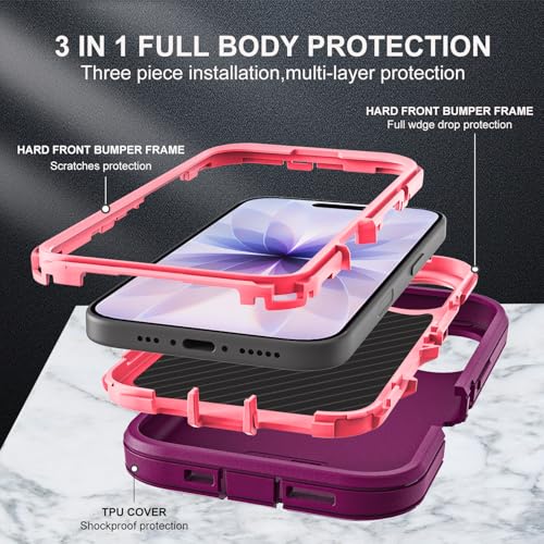 YKHJKLEC for iPhone 17 Case, Military Grade 3 in 1 Heavy Duty Shockproof/Drop Proof/Dust Proof Case with 2Pcs Tempered Glass Screen Protector (Purple/Pink) - color: Purple/Pink