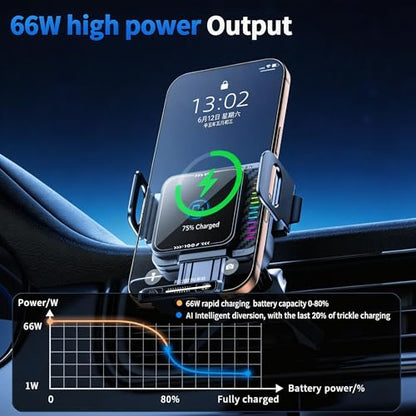 Wireless Car Charger, 15W Wireless Charging & 66W Type-C Fast Charging, Car Phone Holder Mount for iPhone 17/16/15/14/13, iPads, Samsung Galaxy Z Fold/Flip, S25/S24/S23, Google Phone
