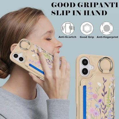 Ｈａｖａｙａ for iPhone 16 Case Wallet with Card Holder Keychain Ring Stand PU Leather Phone case Floral Flower with Credit Card Slots Women Men-Beige Flower 2 - color: Beige[floral flower2]