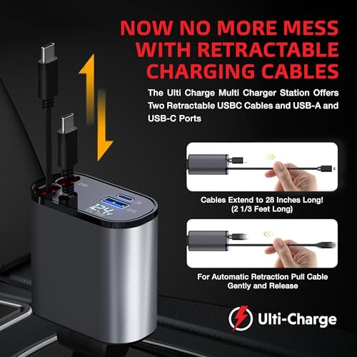 Ulti Charge Car Phone Charger 120W Fast Charging Retractable Cigarette Lighter USB C Charger, 4‑Port USB‑C & USB‑A Dual USBC Charging Block for iPhone, Galaxy, Tablets, Laptops - size: Retractable USBC x2