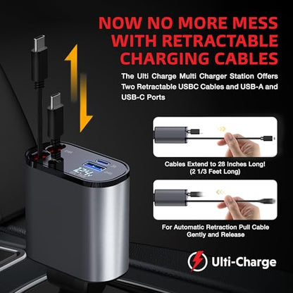 Ulti Charge Car Phone Charger 120W Fast Charging Retractable Cigarette Lighter USB C Charger, 4‑Port USB‑C & USB‑A Dual USBC Charging Block for iPhone, Galaxy, Tablets, Laptops - size: Retractable USBC x2