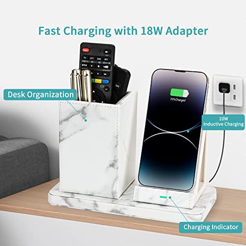 Wireless Charger with Desk Organizer, Wireless Charging Station for iPhone 13/13 Pro Max/13 Pro/12 Series/11/XS Max/XR/X/8Plus/SE 2, Wireless Charging Stand with Leather… (Marble) - color: Marble
