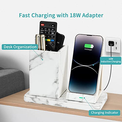 Wireless Charger with Desk Organizer, Wireless Charging Station for iPhone 13/13 Pro Max/13 Pro/12 Series/11/XS Max/XR/X/8Plus/SE 2, Wireless Charging Stand with Leather… (Marble) - color: Marble