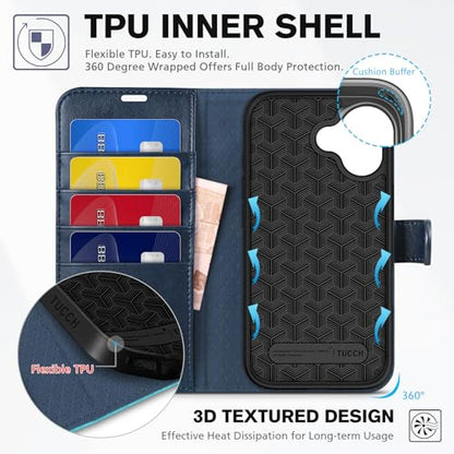 TUCCH Wallet Case for iPhone 17 (6.3") 2025, 4 Card Slots, Blue & Lake Blue | RFID Blocking, Viewing Stand, Shockproof TPU Shell, PU Leather, Magnetic Closure, Protective Folio Flip Cover - color: Two-tone Blue & Lake Blue