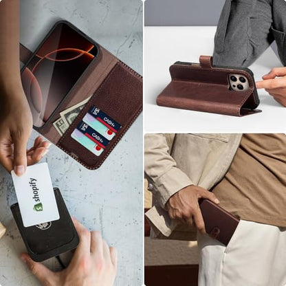 Genuine Leather Wallet Case for iPhone 16 Pro, Dark Brown | Magnetic Detachable, 2-in-1 Flip Folio, Card Slots, RFID Blocking, Shockproof - color: Dark Brown, size: 16 Pro 6.3‘’