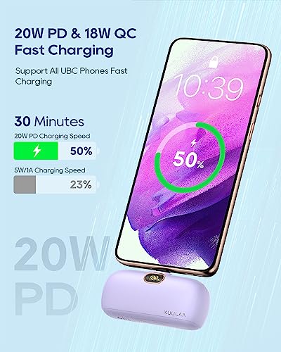 Kuulaa Portable Charger USB C with Built-in USB-C Plug, 5000mAh PD20W Fast Charging Power Bank, LCD Digital Display Battery Pack for iPhone 15/16/17,Samsung S22/S23 & Android (Purple) - color: Purple
