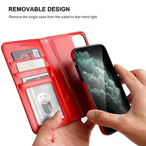 Bocasal Detachable Wallet Case Card Holder for iPhone 11, Red | Kickstand Card Slots Holder PU Leather Magnetic Shockproof Wrist Strap Removable Flip Protective Cover 6.1 inch - color: Red