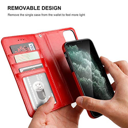 Bocasal Detachable Wallet Case Card Holder for iPhone 11, Red | Kickstand Card Slots Holder PU Leather Magnetic Shockproof Wrist Strap Removable Flip Protective Cover 6.1 inch - color: Red