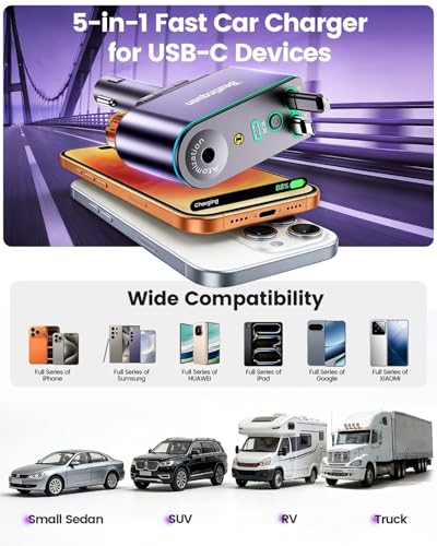 5 in 1 Retractable Car Charger USB C, Car Phone Charger for Dual Cables