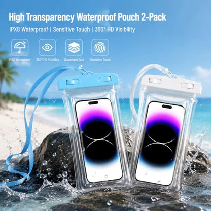 Waterproof Phone Pouch Case-[2 Pack][Easy Lock & Heavy Duty] IPX8 Water Proof Cell Phone Dry Bag for Beach,Swim Protector for iPhone 17 16 15 14 13 12 11 Pro Max Plus, Galaxy S25,7.2",White and Blue