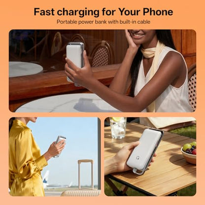 Portable Charger with Built-in Cables and AC Wall Plug, USB C External Battery Pack, 10000mAh Travel Essentials Power Bank Compatible with iPhone17/16/15/14/13, Samsung Galaxy, Pixel,Tablet and More - color: Pure white
