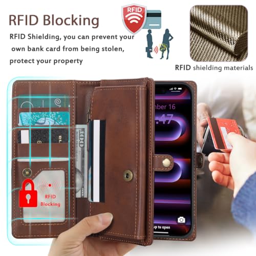 for Wallet Case Compatible with iPhone 16 Pro Max,Multi-Function Detachable 2 in 1 Magnetic iPhone 16 Pro Max Case Wallet,Flip Strap Zipper Card Holder Phone Case with Shoulder Straps(Brown) - color: Brown, size: iPhone 16 pro max