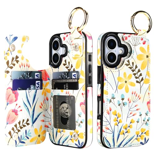 HAOPINSH Wallet Case for iPhone 17 with Card Holder, Floral Flower Print Back Flip Folio PU Leather Kickstand Card Slots Case, Finger Grip Ring Double Magnetic Clasp Shockproof 6.3" - color: Floral Flower Grip Ring