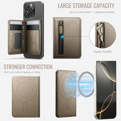 Strapurs Magnetic Card Holder Compatible with MagSafe Phones and Cases, PU Leather Wallet for iPhone 17/16/15/14/13/12/Pro/Max/Plus/Air, 4 Card Slots RFID Blocking with Zipper Pocket - Desert Titanium - color: Desert Titanium