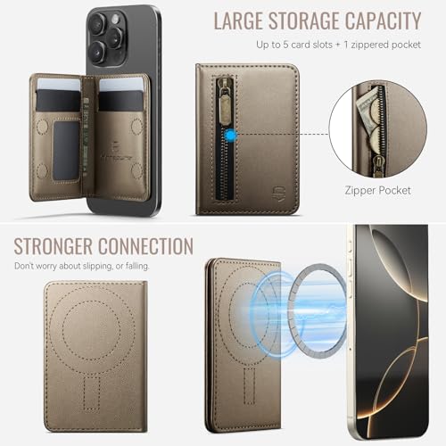 Strapurs Magnetic Card Holder Compatible with MagSafe Phones and Cases, PU Leather Wallet for iPhone 17/16/15/14/13/12/Pro/Max/Plus/Air, 4 Card Slots RFID Blocking with Zipper Pocket - Desert Titanium - color: Desert Titanium