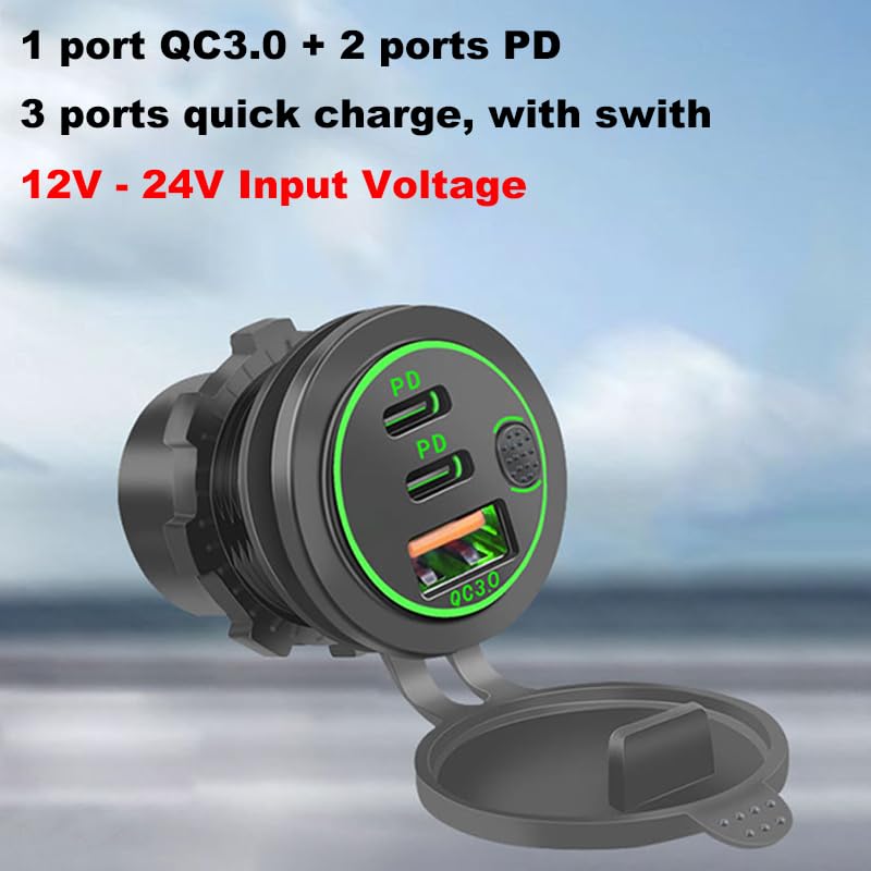 3 Ports 18W USB Car Charger with Switch, 12-24V QC 3.0 USB & Dual PD USB C Cigarette Lighter Socket, Waterproof Dashboard Mount Quick Charger for Car Motorcycle Truck Marine Boat, Green Light - color: Green Light