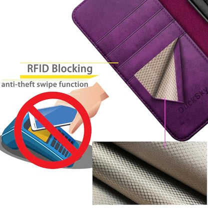 DuckSky Compatible with iPhone 17 Pro Max 6.9" Genuine Leather Wallet case【RFID Blocking】【4 Credit Card Holder】【Real Leather】 Flip Phone case Cover Women Men for Apple 17 Pro Max case Purple - color: Purple