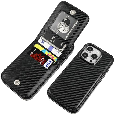 KIHUWEY for iPhone 16 Pro Wallet Case Card Holder Kickstand, Carbon Black | Credit Card Slots, PU Leather, Magnetic Clasp, Flip Heavy Duty Protection Cover for Men and Women - color: Carbon Black