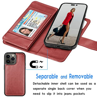 Tekcoo Wallet Case Compatible with iPhone 14 (6.1 inch) 2022 Luxury ID Cash Credit Card Slots Holder Carrying Pouch Folio Flip PU Leather Cover [Detachable Magnetic Hard Case] with Strap [Wine Red] - color: W-Wine Red, size: IP 14 (6.1")