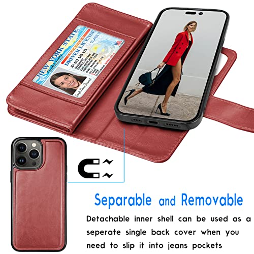 Tekcoo Wallet Case Compatible with iPhone 14 Plus (6.7 inch) 2022 Luxury ID Cash Credit Card Slots Holder Carrying Pouch Folio Flip PU Leather Cover [Detachable Magnetic Case] - Wine Red - color: W-Wine Red, size: IP 14 Plus (6.7")